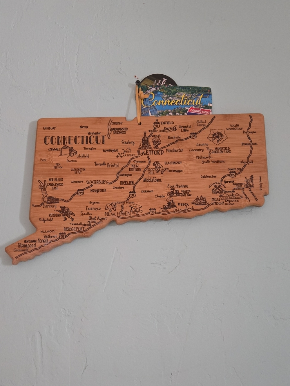 Connecticut State Wooden Map Plaque - Etched Detail